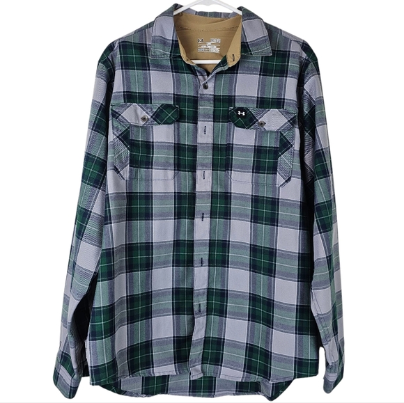 Under Armour Cold Gear Loose Fit Button Up Plaid Shirt Elbow Patch Size Medium - Picture 1 of 12